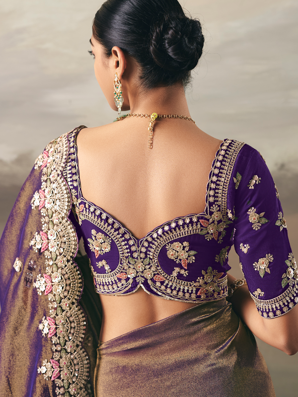 Mocha Brown Embroidered Designer Organza Silk Saree With Contrast Blouse