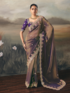Mocha Brown Embroidered Designer Organza Silk Saree With Contrast Blouse