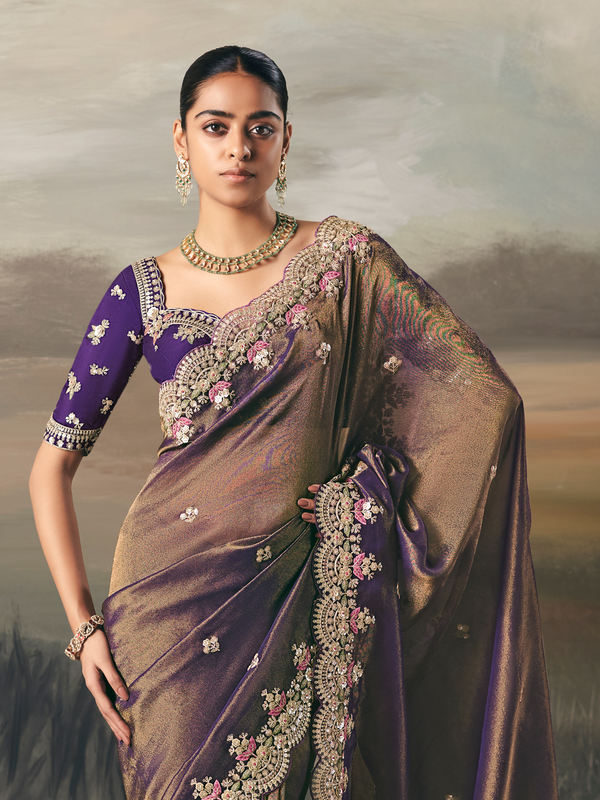 Mocha Brown Embroidered Designer Organza Silk Saree With Contrast Blouse