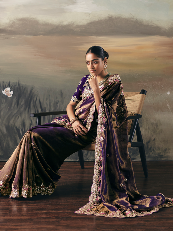 Mocha Brown Embroidered Designer Organza Silk Saree With Contrast Blouse