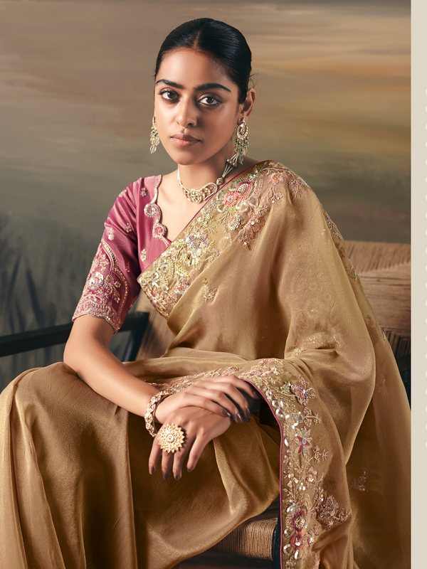 Golden Beige Embroidered Designer Organza Silk Saree With Contrast Blouse