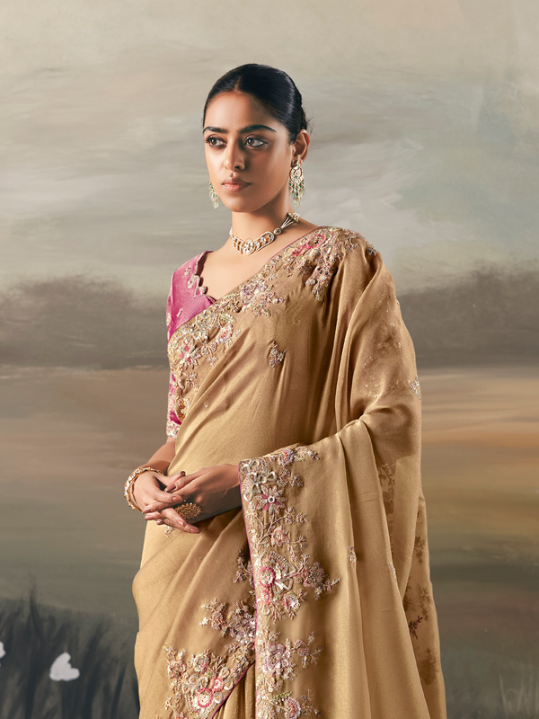 Golden Beige Embroidered Designer Organza Silk Saree With Contrast Blouse