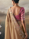Golden Beige Embroidered Designer Organza Silk Saree With Contrast Blouse
