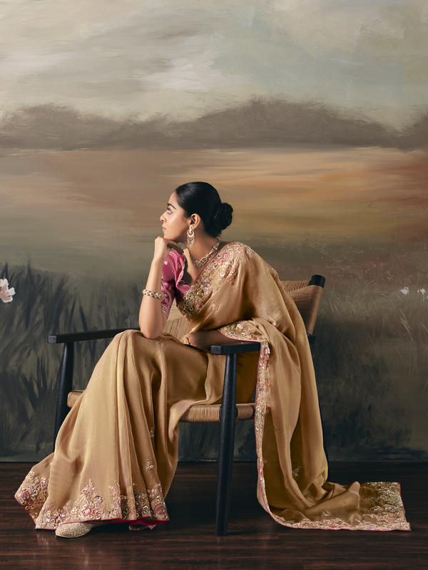 Golden Beige Embroidered Designer Organza Silk Saree With Contrast Blouse