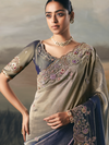 Steel Blue Embroidered Designer Organza Silk Saree