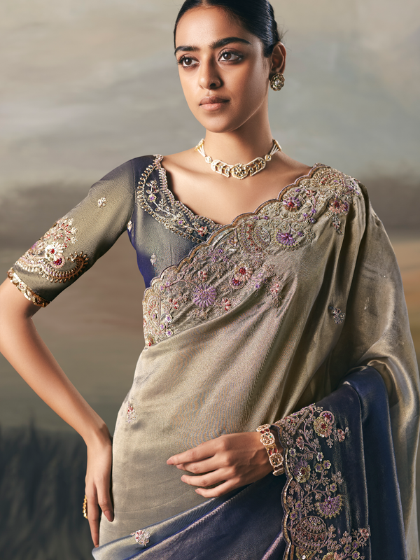 Steel Blue Embroidered Designer Organza Silk Saree