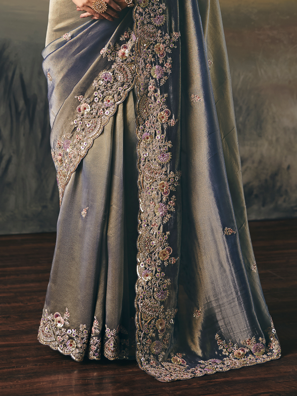 Steel Blue Embroidered Designer Organza Silk Saree