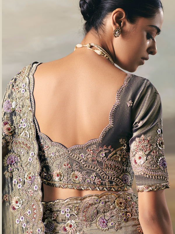 Steel Blue Embroidered Designer Organza Silk Saree