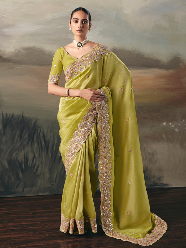 Lime Green Embroidered Designer Organza Silk Saree