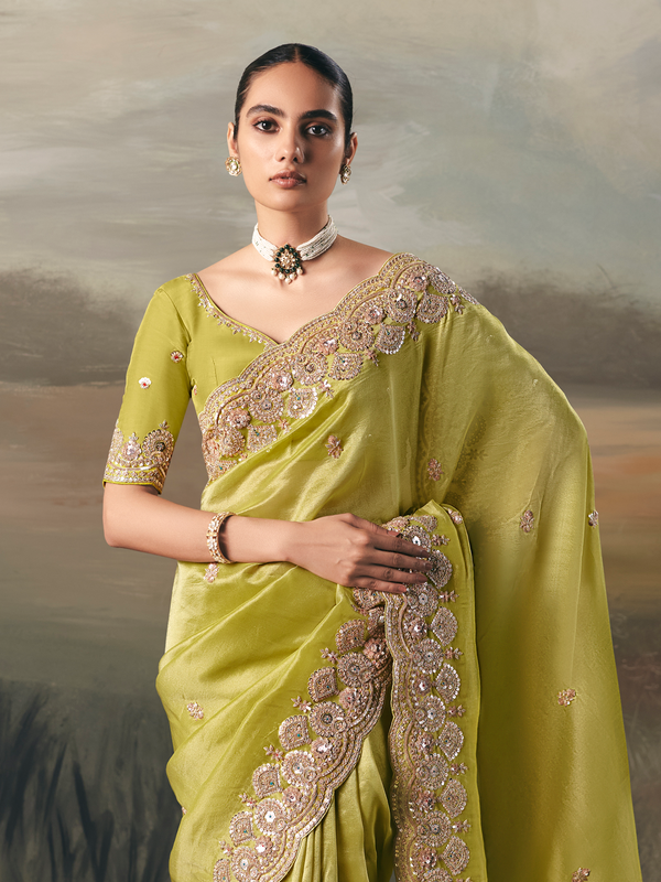 Lime Green Embroidered Designer Organza Silk Saree