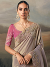 Taupe Grey Embroidered Designer Organza Silk Saree With Contrast Blouse