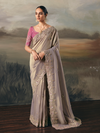 Taupe Grey Embroidered Designer Organza Silk Saree With Contrast Blouse