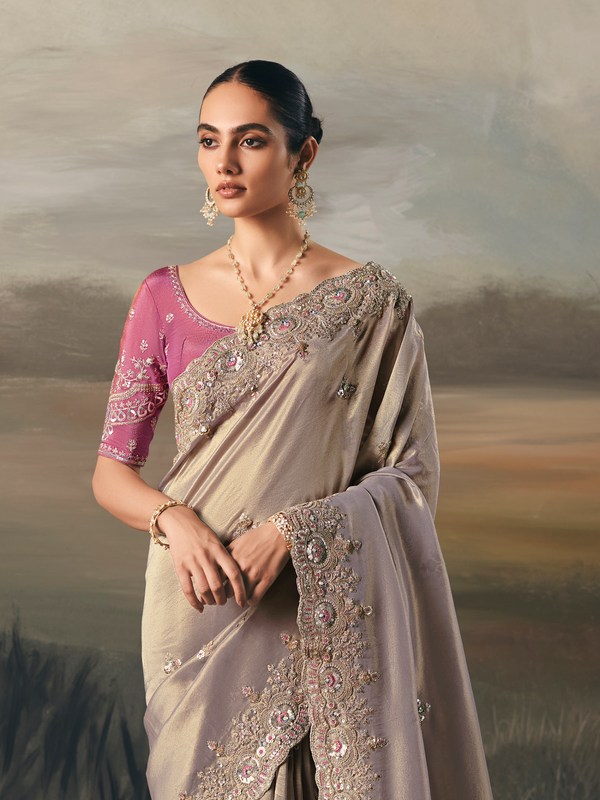 Taupe Grey Embroidered Designer Organza Silk Saree With Contrast Blouse