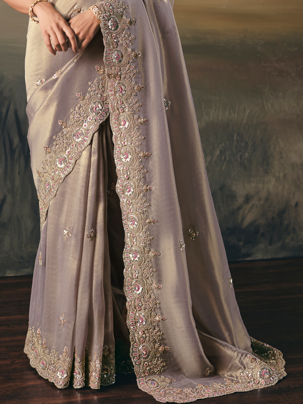 Taupe Grey Embroidered Designer Organza Silk Saree With Contrast Blouse