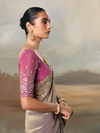 Taupe Grey Embroidered Designer Organza Silk Saree With Contrast Blouse