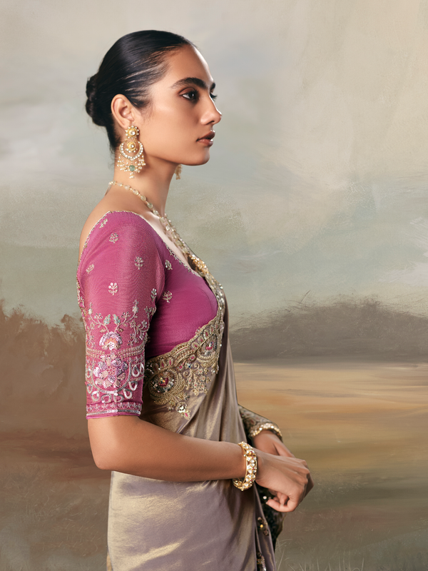 Taupe Grey Embroidered Designer Organza Silk Saree With Contrast Blouse