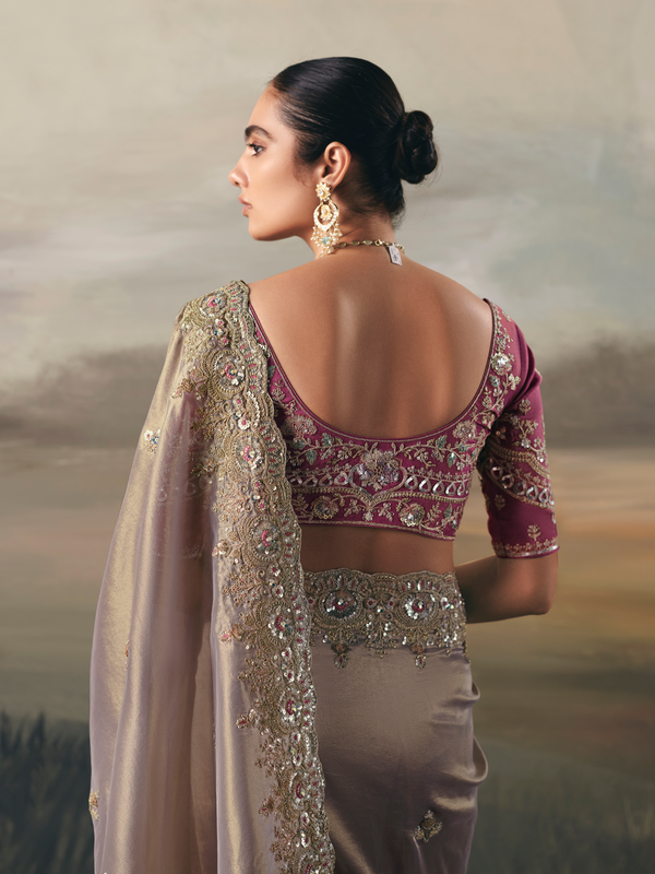Taupe Grey Embroidered Designer Organza Silk Saree With Contrast Blouse