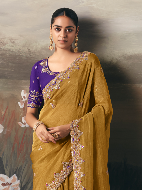 Mustard Yellow Embroidered Designer Organza Silk Saree With Contrast Blouse