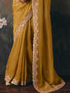 Mustard Yellow Embroidered Designer Organza Silk Saree With Contrast Blouse