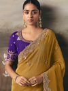 Mustard Yellow Embroidered Designer Organza Silk Saree With Contrast Blouse