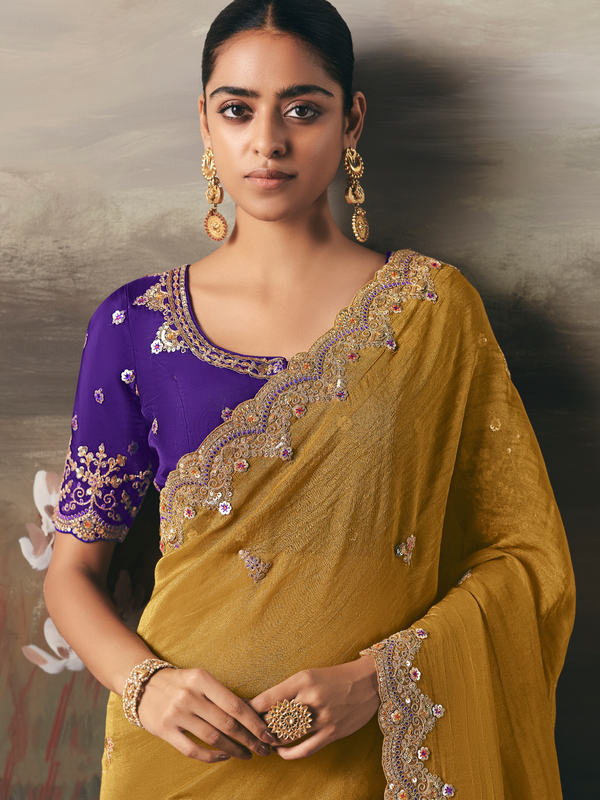 Mustard Yellow Embroidered Designer Organza Silk Saree With Contrast Blouse