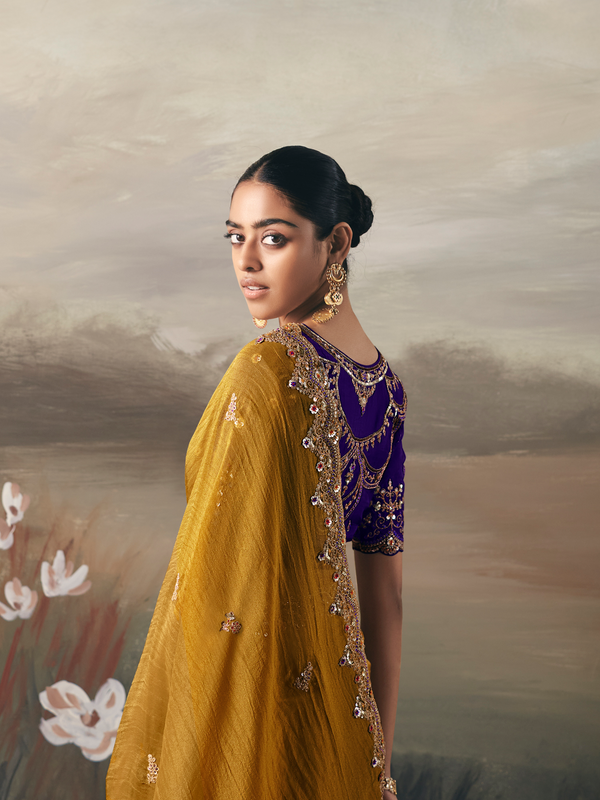 Mustard Yellow Embroidered Designer Organza Silk Saree With Contrast Blouse