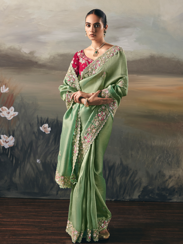 Pista Green Embroidered Designer Organza Silk Saree With Contrast Blouse