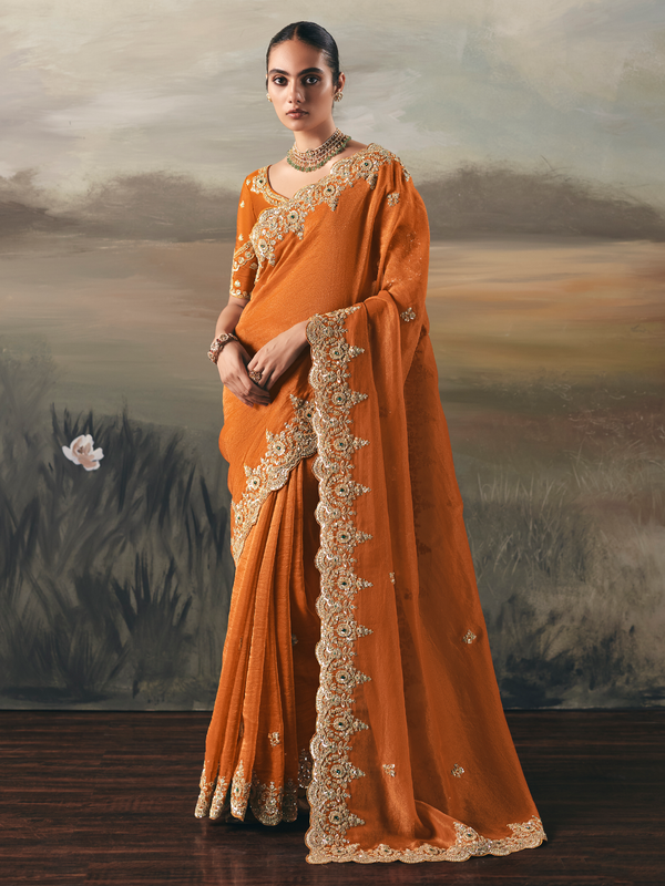 Rust Orange Embroidered Designer Organza Silk Saree