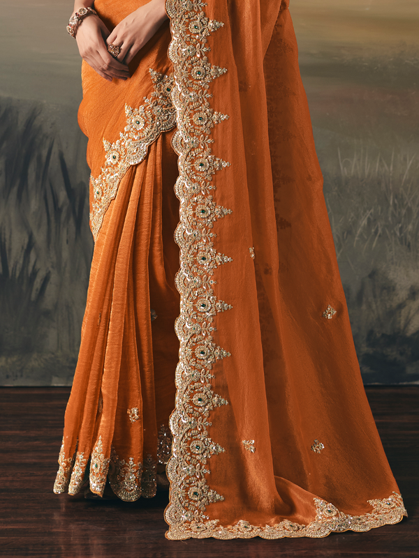 Rust Orange Embroidered Designer Organza Silk Saree