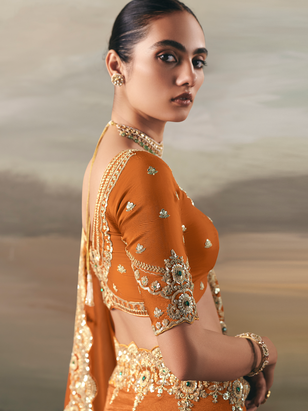 Rust Orange Embroidered Designer Organza Silk Saree