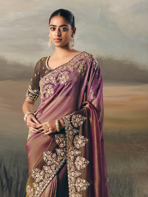 Mauve Purple Embroidered Designer Organza Silk Saree