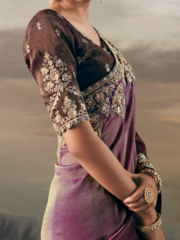 Mauve Purple Embroidered Designer Organza Silk Saree