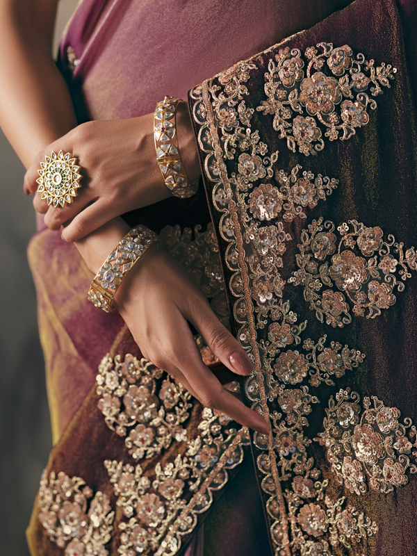 Mauve Purple Embroidered Designer Organza Silk Saree