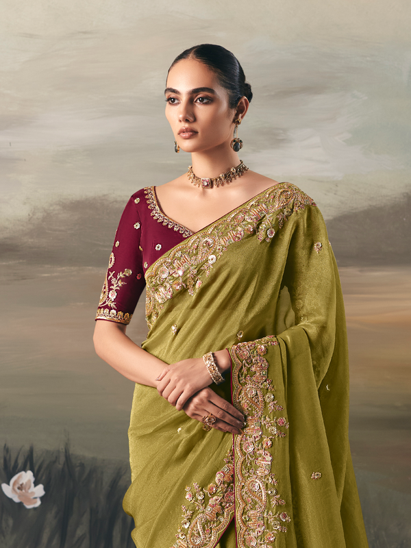 Olive Green Embroidered Designer Organza Silk Saree With Contrast Blouse