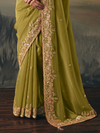 Olive Green Embroidered Designer Organza Silk Saree With Contrast Blouse