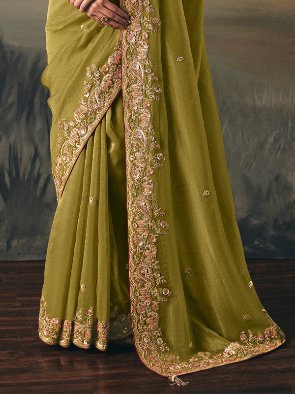 Olive Green Embroidered Designer Organza Silk Saree With Contrast Blouse