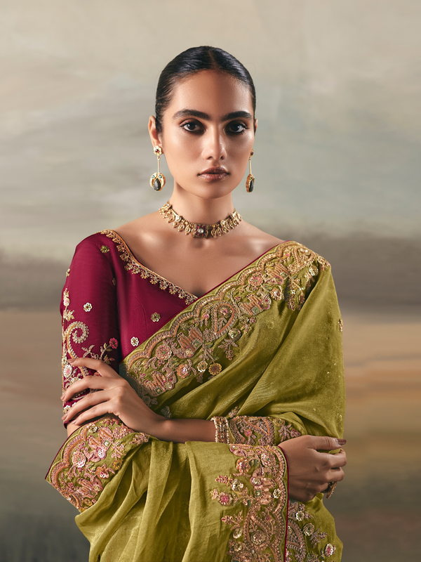 Olive Green Embroidered Designer Organza Silk Saree With Contrast Blouse