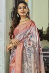 Silver Banarasi Soft Silk Saree With Floral Prints