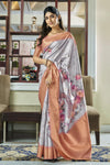 Silver Banarasi Soft Silk Saree With Floral Prints