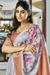 Silver Banarasi Soft Silk Saree With Floral Prints