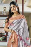 Silver Banarasi Soft Silk Saree With Floral Prints