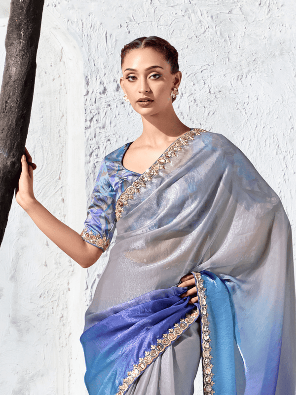 Silver Blue Embroidered Designer Organza Silk Saree With Contrast Blouse