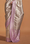 Silver Cream And Lavender Woven Kanjivaram Silk Saree