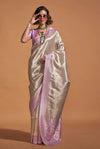 Silver Cream And Lavender Woven Kanjivaram Silk Saree