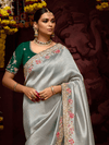Silver Grey Banarasi Designer Silk Saree With Contrast Blouse