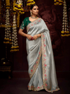 Silver Grey Banarasi Designer Silk Saree With Contrast Blouse