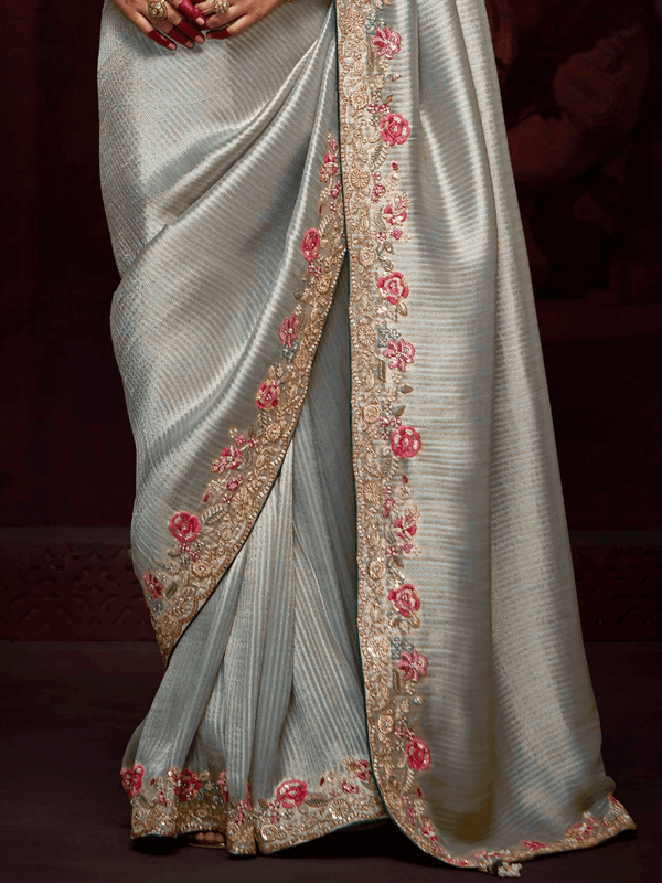 Silver Grey Banarasi Designer Silk Saree With Contrast Blouse