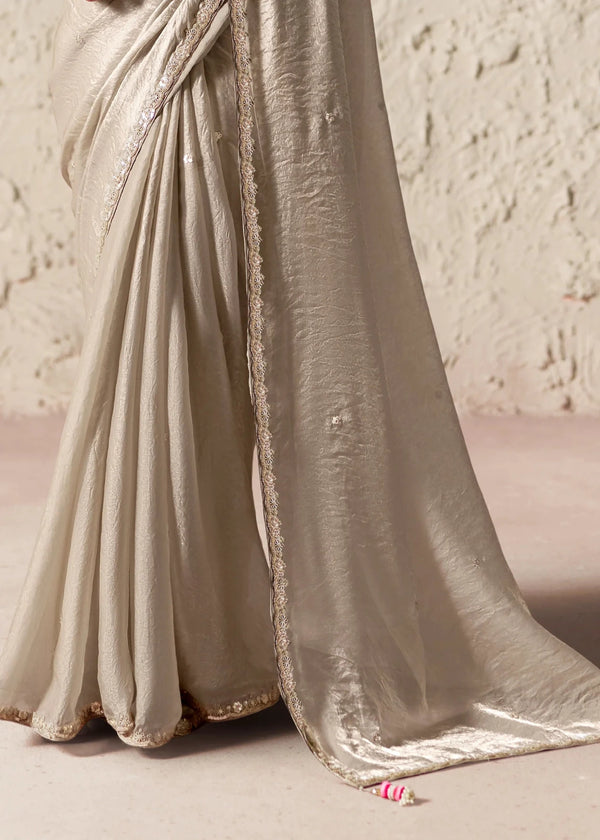 Silver Grey Designer Organza Saree