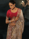 Silver Grey Embroidered Designer Tissue Silk Saree With Contrast Blouse
