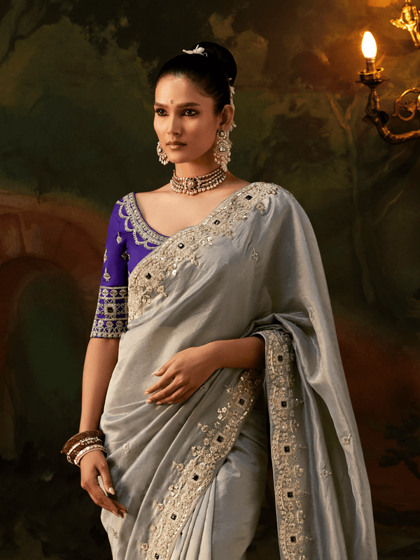 Silver Grey Embroidered Designer Tissue Silk Saree With Contrast Blouse